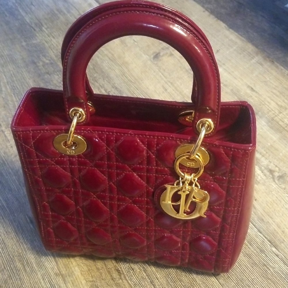 Lady Dior Christian Dior Medium Cannage Red Patent Quilted Leather Handbag
